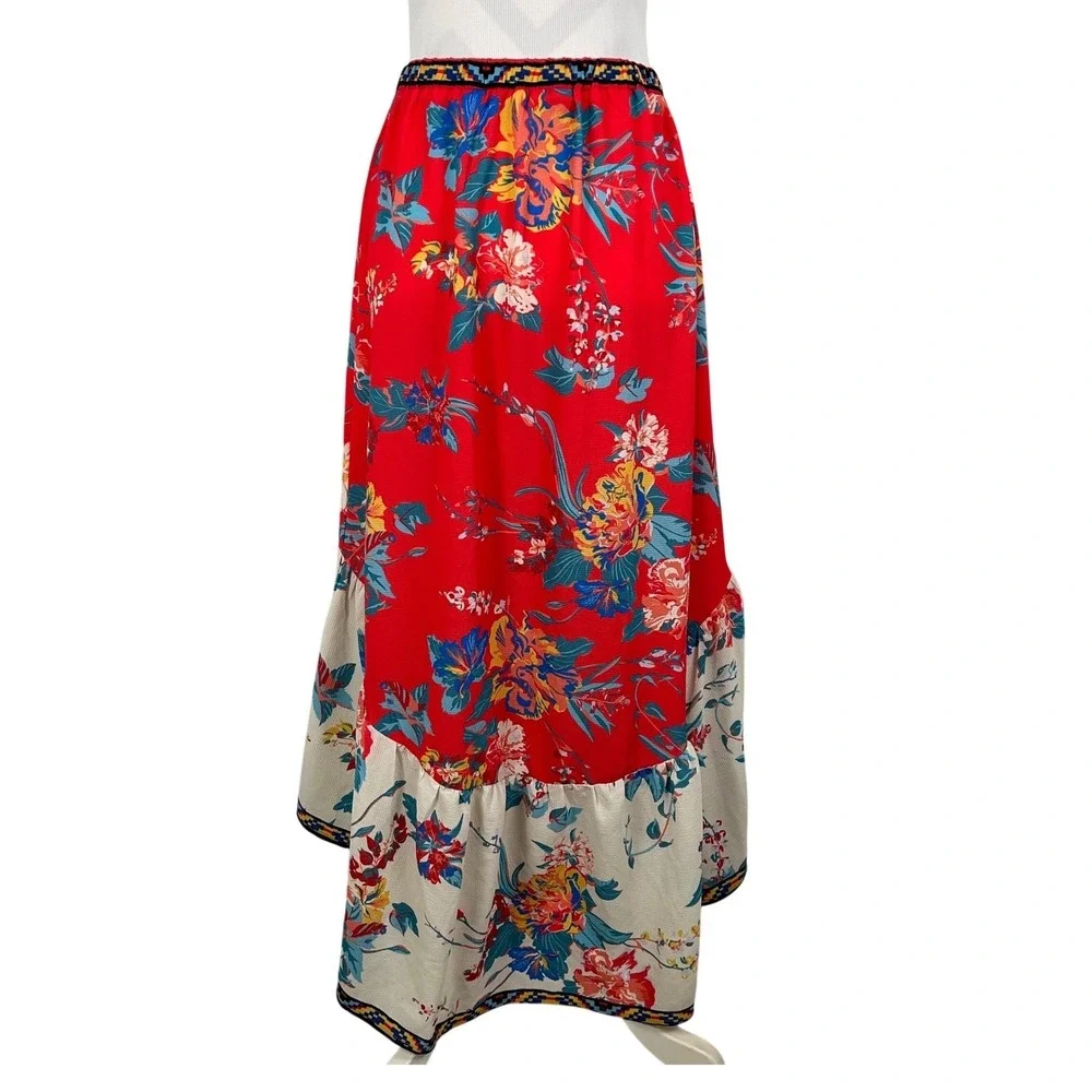Flying Tomato Maxi Skirt Red Floral Ruffle High Low Peasant Euro Bohemian L - Picture 2 of 6